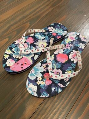 Vera Bradley Navy Floral Flip Flops with Pink & Teal Accents